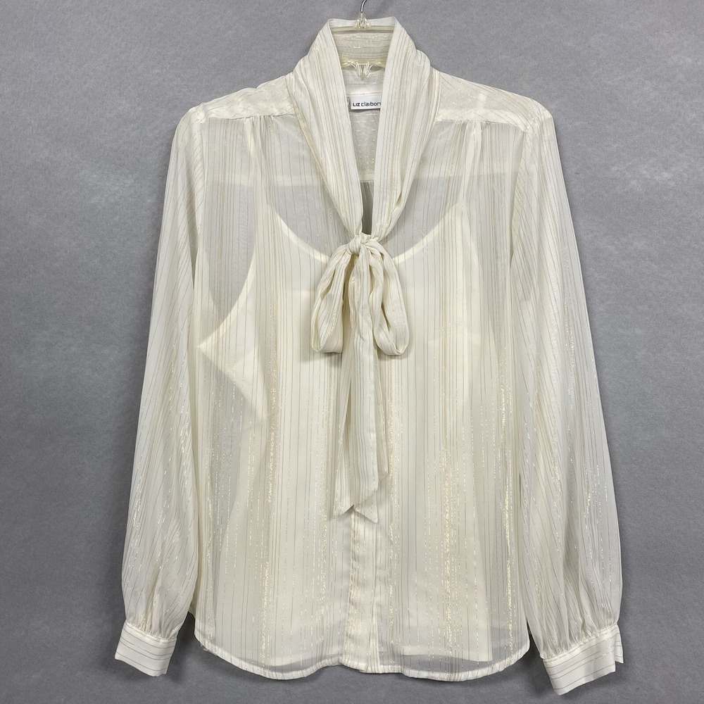 Liz Claiborne Blouse Top Women's M Sheer Ivory w/ Gold Pinstripes Tie Accent